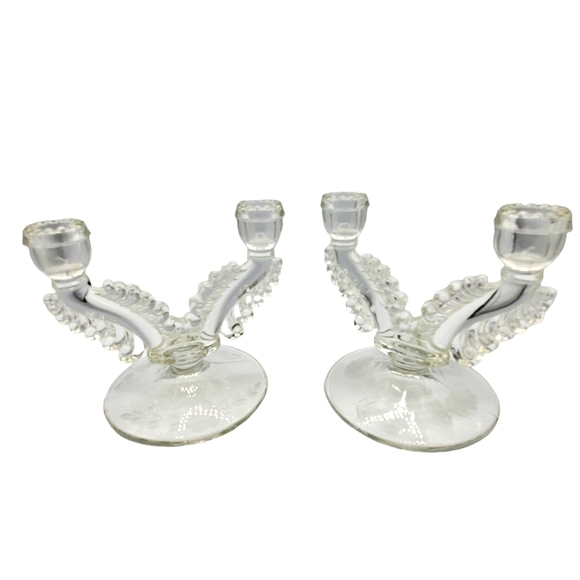 Vintage Glass Candlestick Holders Set of 2 Floral Cut Candelabra - Picture 1 of 14